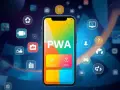 Telefon z napisem PWA, otoczony ikonami symbolizującymi różne funkcje aplikacji webowych.