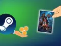 Ręka trzyma okładkę gry Baldur's Gate, a obok logo Steam i monety symbolizujące zwrot gry.