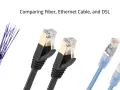 Porównanie kabli: światłowód, Ethernet i DSL. Widoczne są końcówki kabli, w tym światłowodowe i Ethernet.