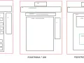 Schemat blokowy układu strony głównej i podstron HTML z elementami: logo, nawigacja, nagłówek, treść, kafelki, reklama i przycisk.