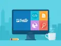 Komputer z logo Trello i ikonami: kod, dokument, świat, lupa. Idealne narzędzie do organizacji pracy, czyli trello co to.