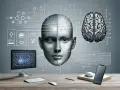Cyfrowa twarz z kodem binarnym, mózg i ikony technologii. Rozpoznawanie twarzy (face id) w erze sztucznej inteligencji.