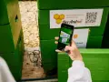 Ręka trzyma smartfon, by zeskanować kod QR na zielonym ulu. Aplikacja BeeAndMe pokazuje podgląd.