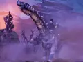 Dinozaur z platformą na grzbiecie na tle fioletowego krajobrazu z dziwnymi roślinami.
