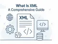 Ilustracja przedstawia dokument z napisem XML, ikonę komputera z kodem, bazę danych i globus. To przewodnik po pliku XML.
