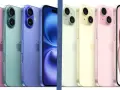 Rząd kolorowych iPhone'ów, od różowego po niebieski, obok innych modeli w pastelowych barwach. Czy to iPhone 15 czy 16?