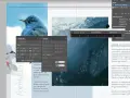 Panel "Typografia" w programie Adobe InDesign, z widocznym ptakiem i górami.