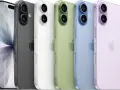 Pięć smartfonów w różnych kolorach: czarnym, białym, zielonym, niebieskim i fioletowym. Zbliżenie na tył telefonów, gdzie widoczne są aparaty i logo Apple. Wymiary iPhone 17 mogą być podobne do tych modeli.