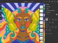 Kolorowy portret kobiety z motylimi skrzydłami, tworzony w programie Adobe Fresco z włączoną symetrią.