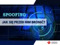 Grafika przedstawia klawiaturę z tekstem "SPOOFING JAK SIĘ PRZED NIM BRONIĆ?". W tle cyfrowy wzór i okręgi.