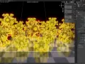 Wizualizacja wirusów w programie **blender program**. Żółte, krystaliczne obiekty wirusów unoszą się nad szachownicą.