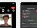 Dwa ekrany telefonu z rozmową FaceTime. Na lewym widać uśmiechniętego mężczyznę, na prawym listę uczestników.