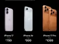 Trzy modele iPhone'ów: fioletowy iPhone 17, srebrny iPhone Air i złoty iPhone 17 Pro. Kiedy premiera iPhone 17?