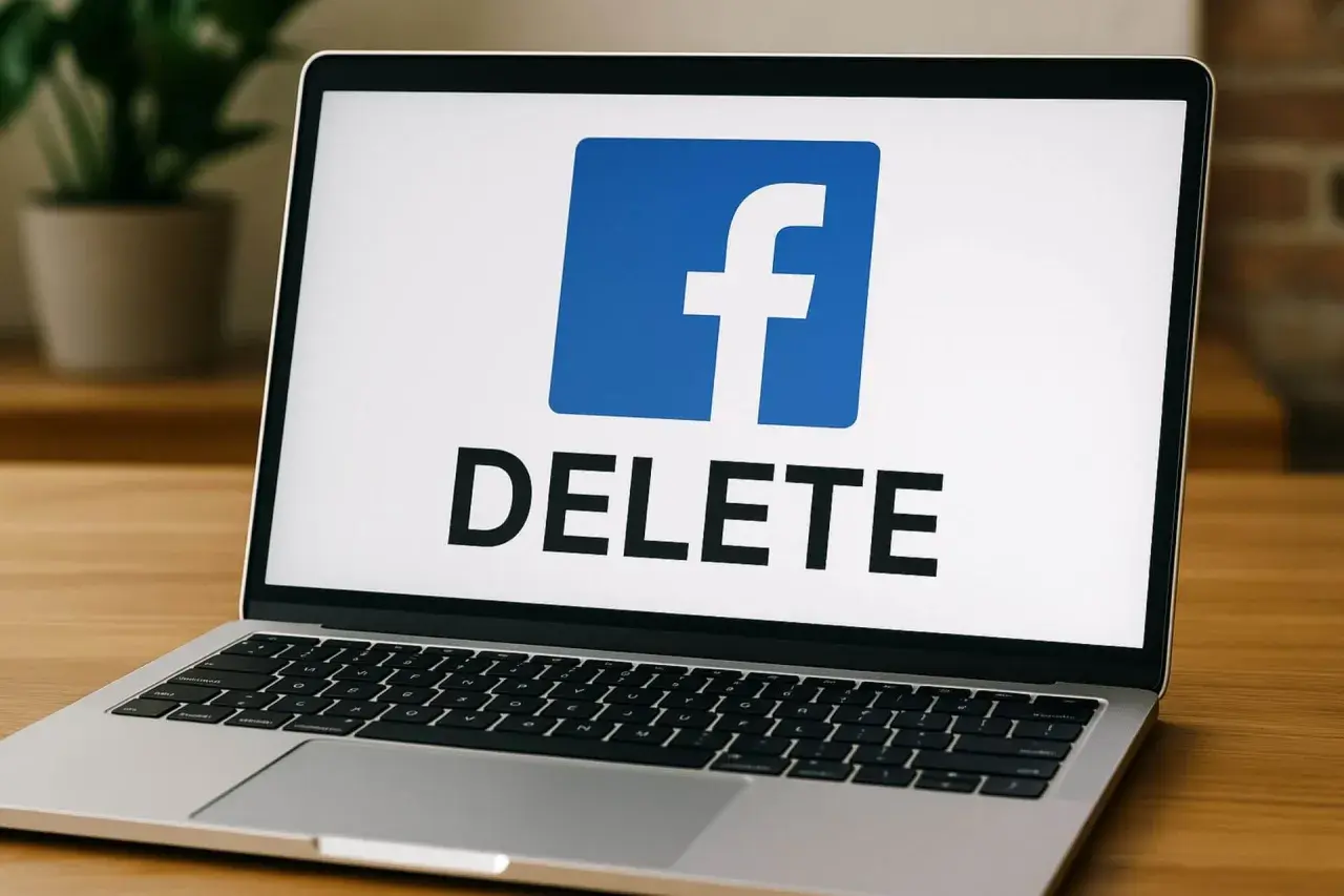 Laptop z logo Facebook i napisem DELETE. Poradnik jak usunąć konto na FB.