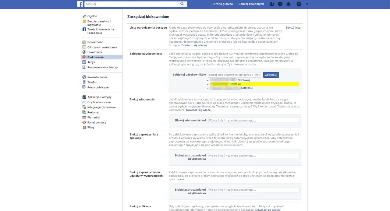 Zarządzaj blokowaniem na FB: jak odblokować kogoś, zablokować wiadomości, zaproszenia z aplikacji i wydarzeń.