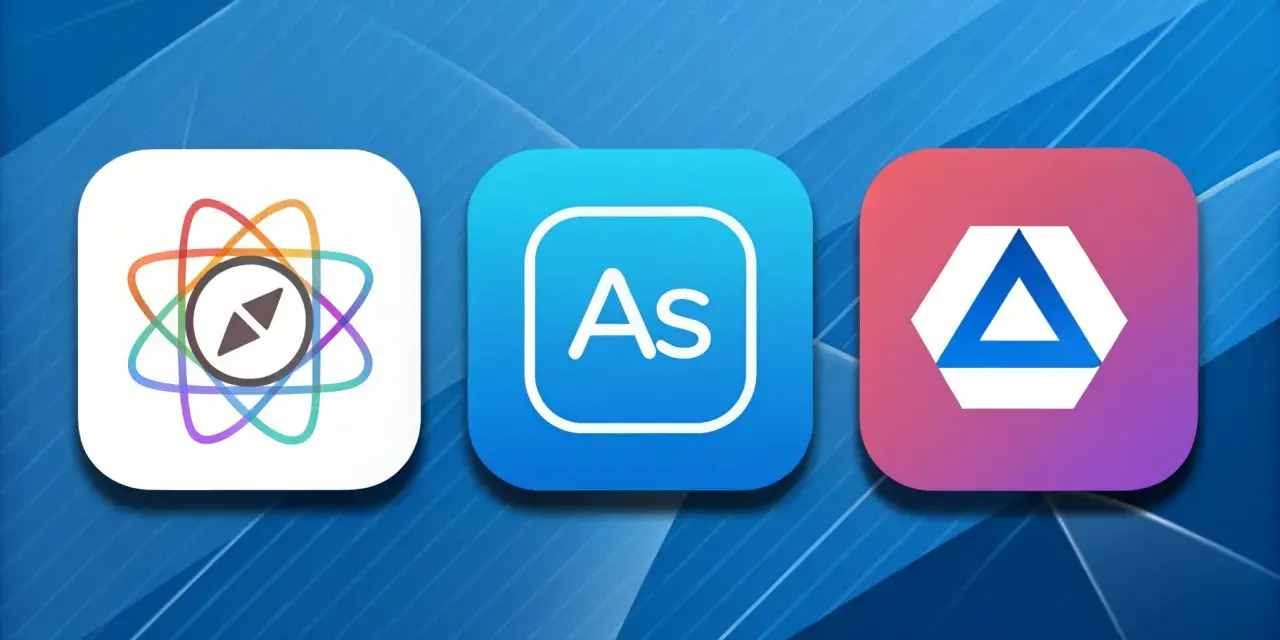 Trzy ikony aplikacji: z kompasem, "As" (Adobe Illustrator) i trójkątem.