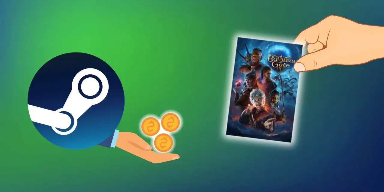 Ręka trzyma okładkę gry Baldur's Gate, a obok logo Steam i monety symbolizujące zwrot gry.