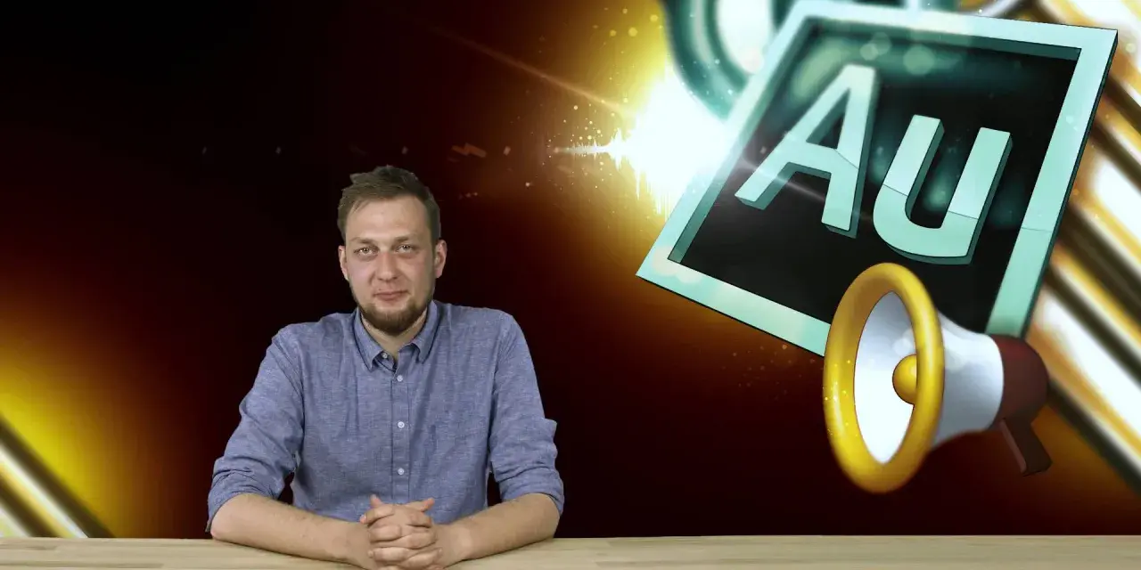 Mężczyzna siedzi przy biurku, obok logo Adobe Audition i megafonu.