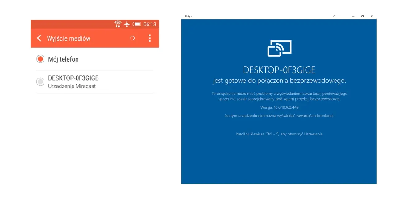 Udostępnianie ekranu: Dostępne urządzenie "DESKTOP-0F3GIGE" gotowe do połączenia bezprzewodowego.