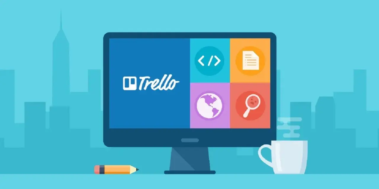 Komputer z logo Trello i ikonami: kod, dokument, świat, lupa. Idealne narzędzie do organizacji pracy, czyli trello co to.