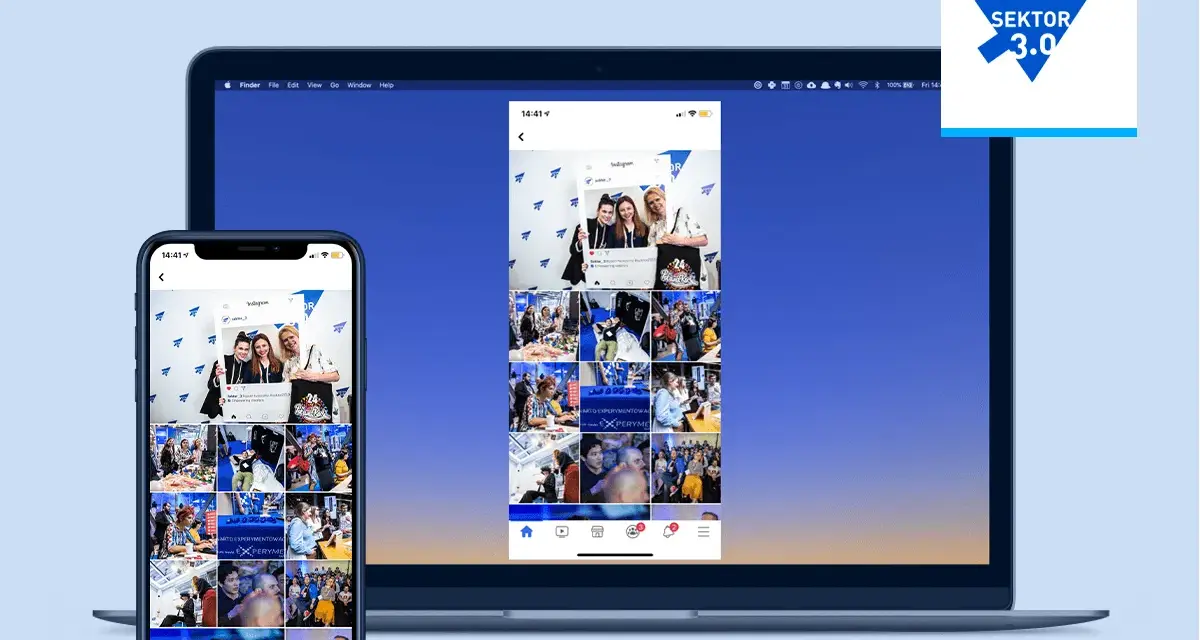 Pokaz zdjęć z wydarzenia na ekranie laptopa i telefonu, dzięki technologii miracast. Logo "Sektor 3.0" obok.