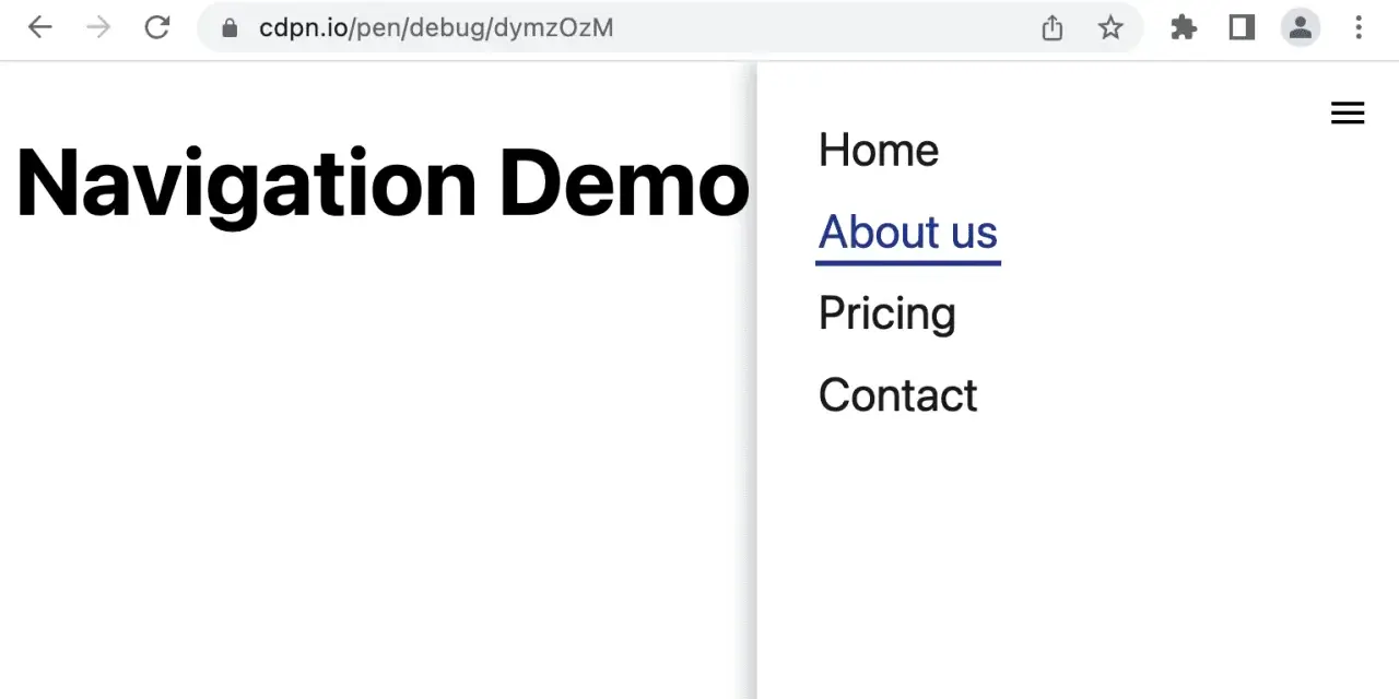 Menu nawigacyjne w przeglądarce z linkami: Home, About us, Pricing, Contact.