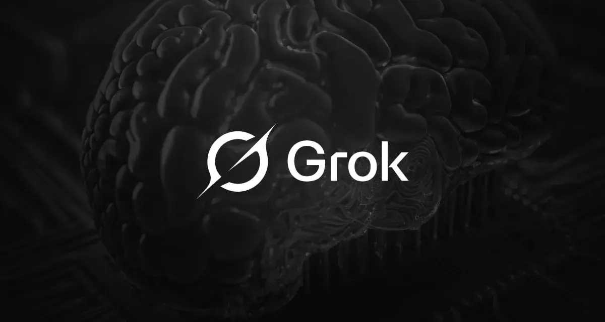 Mroczne, stylizowane ludzkie mózg z logo Grok. Czy to przyszłość sztucznej inteligencji?
