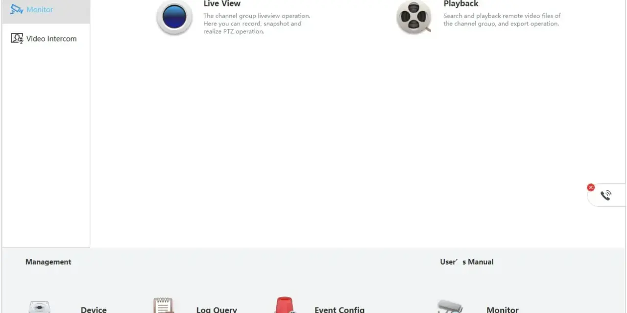 Interfejs SmartPSS lite z opcjami Monitor, Live View, Playback, Device, Log Query, Event Config i Monitor.