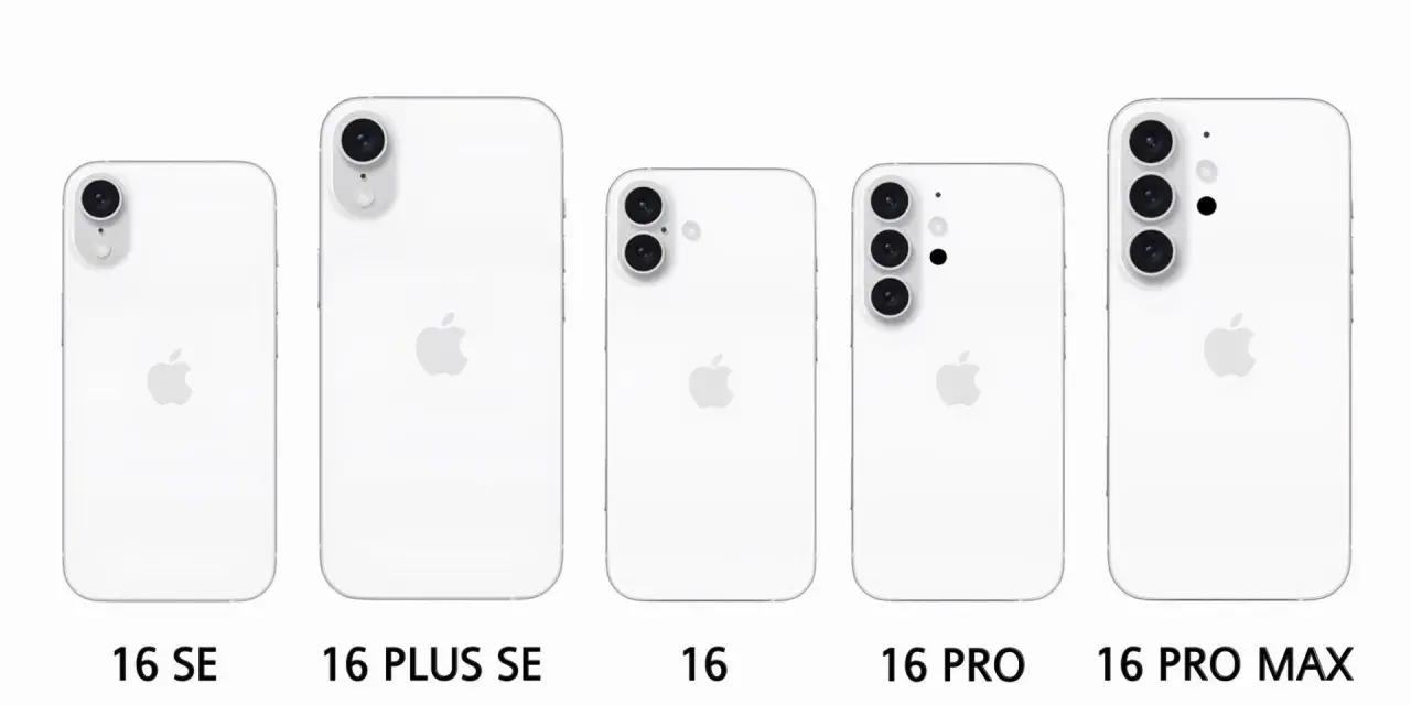 Porównanie modeli iPhone 16 SE, 16 Plus SE, 16, 16 Pro i 16 Pro Max. Różnice w wymiarach i układzie aparatów.