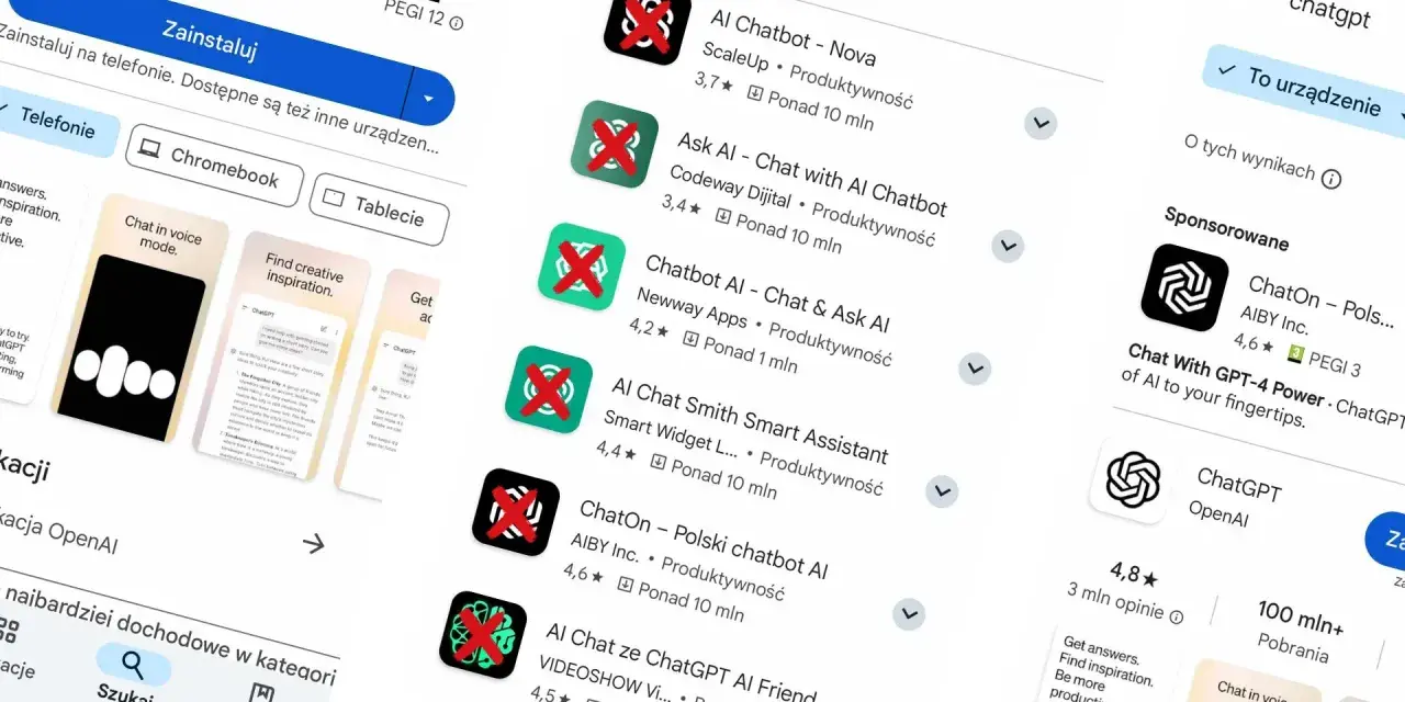 Szukaj aplikacji ChatGPT w sklepie. Widzisz oficjalną aplikację OpenAI i inne podobne.