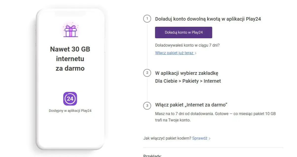 Grafika telefonu z napisem "Nawet 30 GB internetu za darmo" i ikoną Play24.