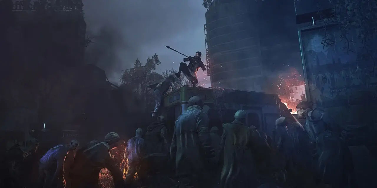 Postapokaliptyczna scena z hordą zombie i walczącym człowiekiem na dachu autobusu.