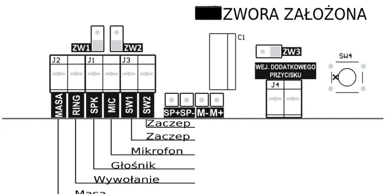 Schemat połączeń domofonu Cyfral Smart 5P z opisem zacisków i zworkami.