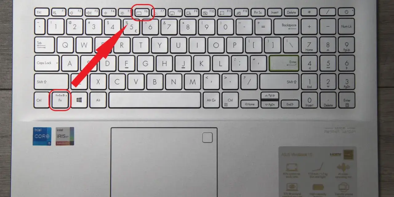 Klawiatura laptopa z zaznaczonymi klawiszami Fn+Esc i F6.