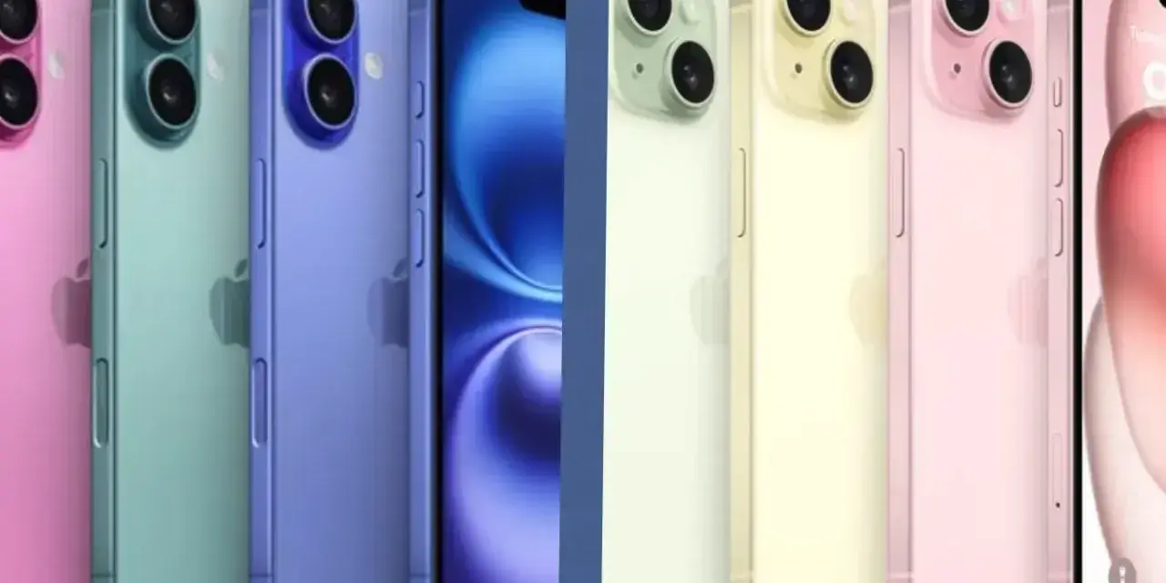 Rząd kolorowych iPhone'ów, od różowego po niebieski, obok innych modeli w pastelowych barwach. Czy to iPhone 15 czy 16?