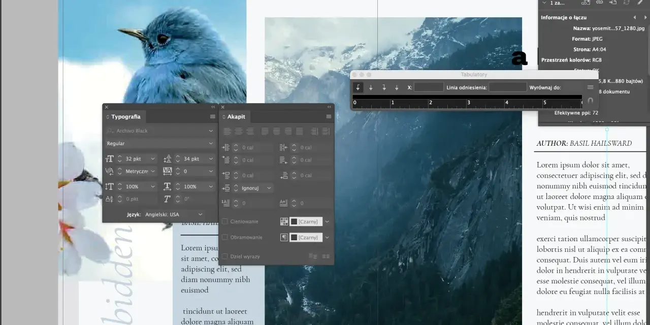 Panel "Typografia" w programie Adobe InDesign, z widocznym ptakiem i górami.
