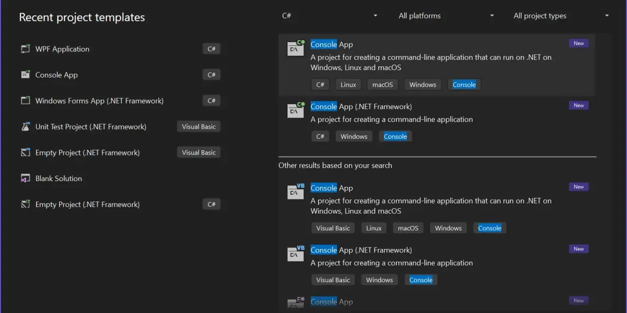 Wybór szablonu "Console App" w **Microsoft Visual Studio** do tworzenia aplikacji konsolowej.