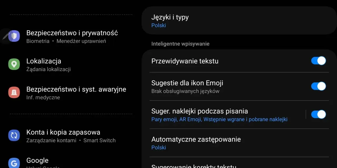 Ustawienia klawiatury Samsung: jak wyłączyć autokorektę? Widok opcji "Sugerowanie korekty tekstu" i "Przewidywanie tekstu".