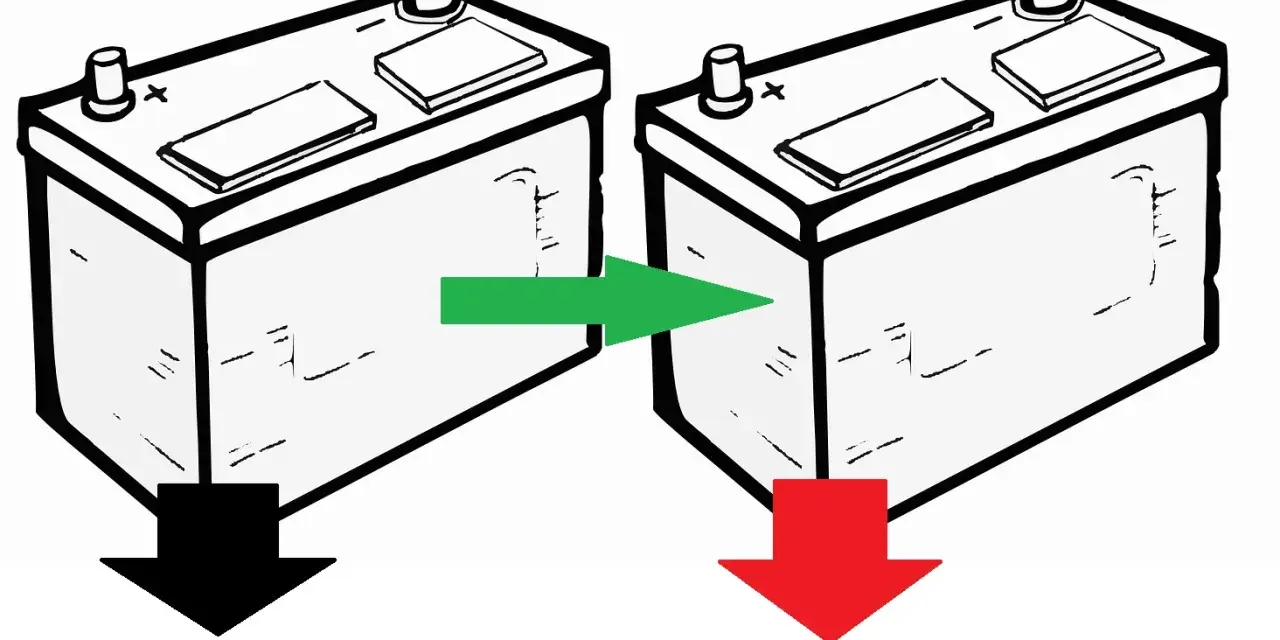 Dwa akumulatory 6V połączone strzałką, z czarną i czerwoną strzałką w dół.