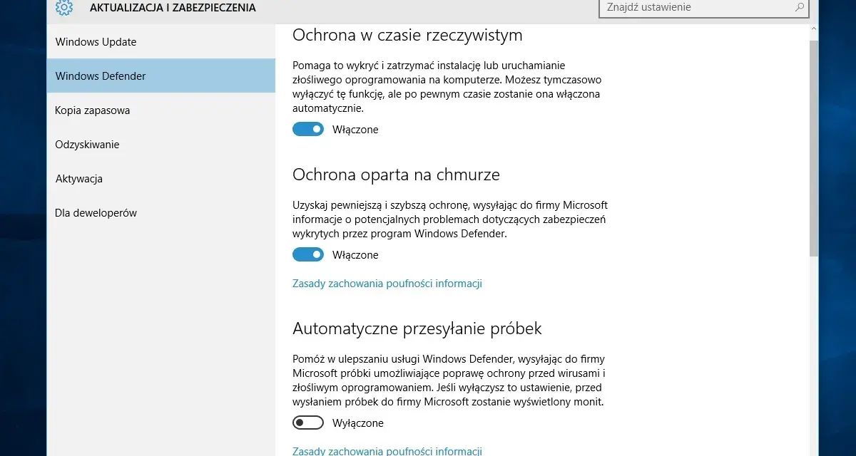 Ustawienia Windows Defender: ochrona w czasie rzeczywistym, oparta na chmurze i automatyczne przesyłanie próbek. Możliwość tymczasowego wyłączenia funkcji.