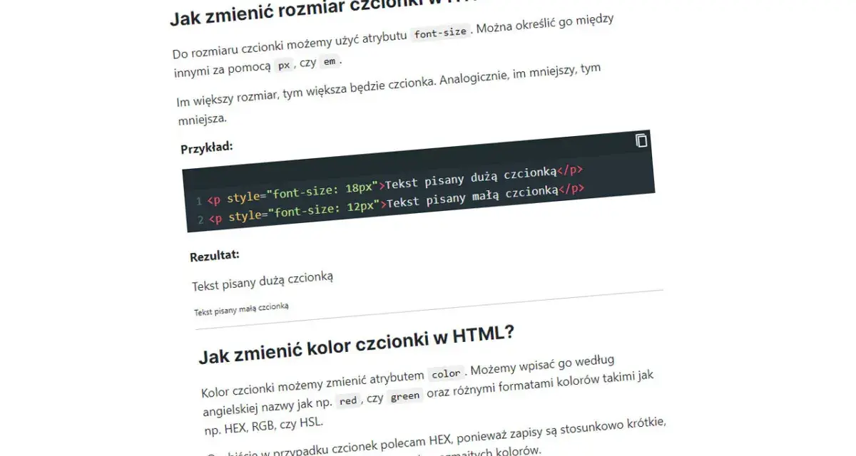 Jak zmienić czcionkę HTML? Przykład kodu pokazuje, jak ustawić rozmiar tekstu na 18px i 12px.
