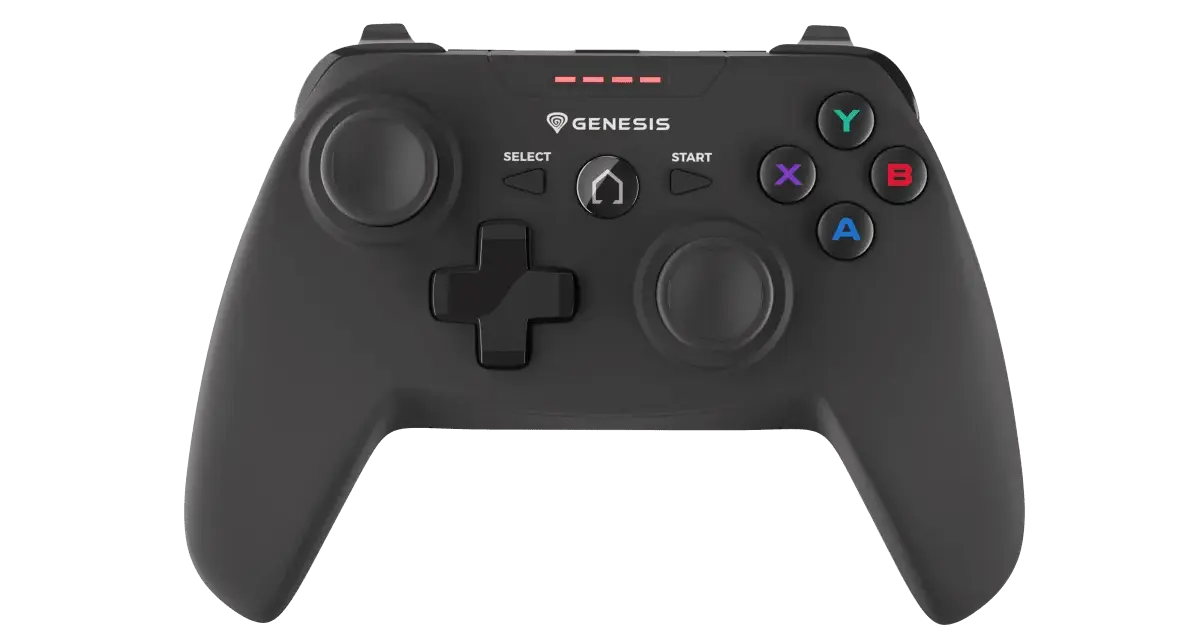 Czarny gamepad Genesis PV58 z podświetlanymi przyciskami i diodami LED.