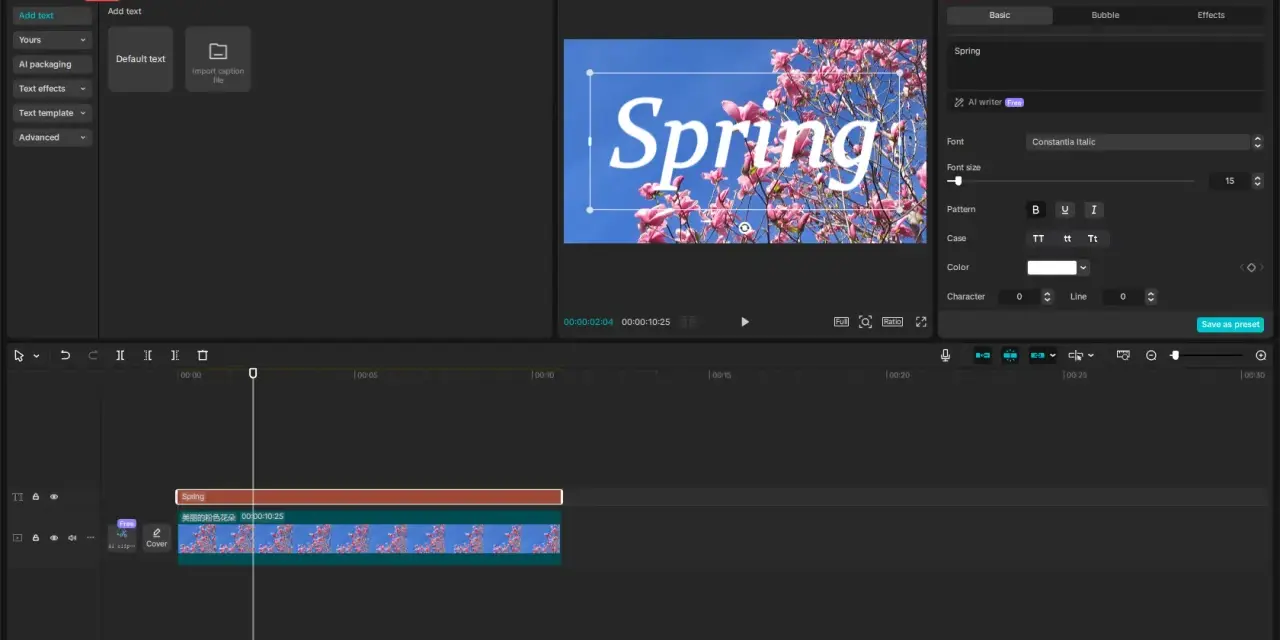 Edytor wideo z opcjami tekstu, gdzie słowo "Spring" jest wyświetlane na tle kwitnącej wiśni.