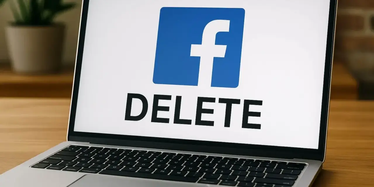 Laptop z logo Facebook i napisem DELETE. Poradnik jak usunąć konto na FB.