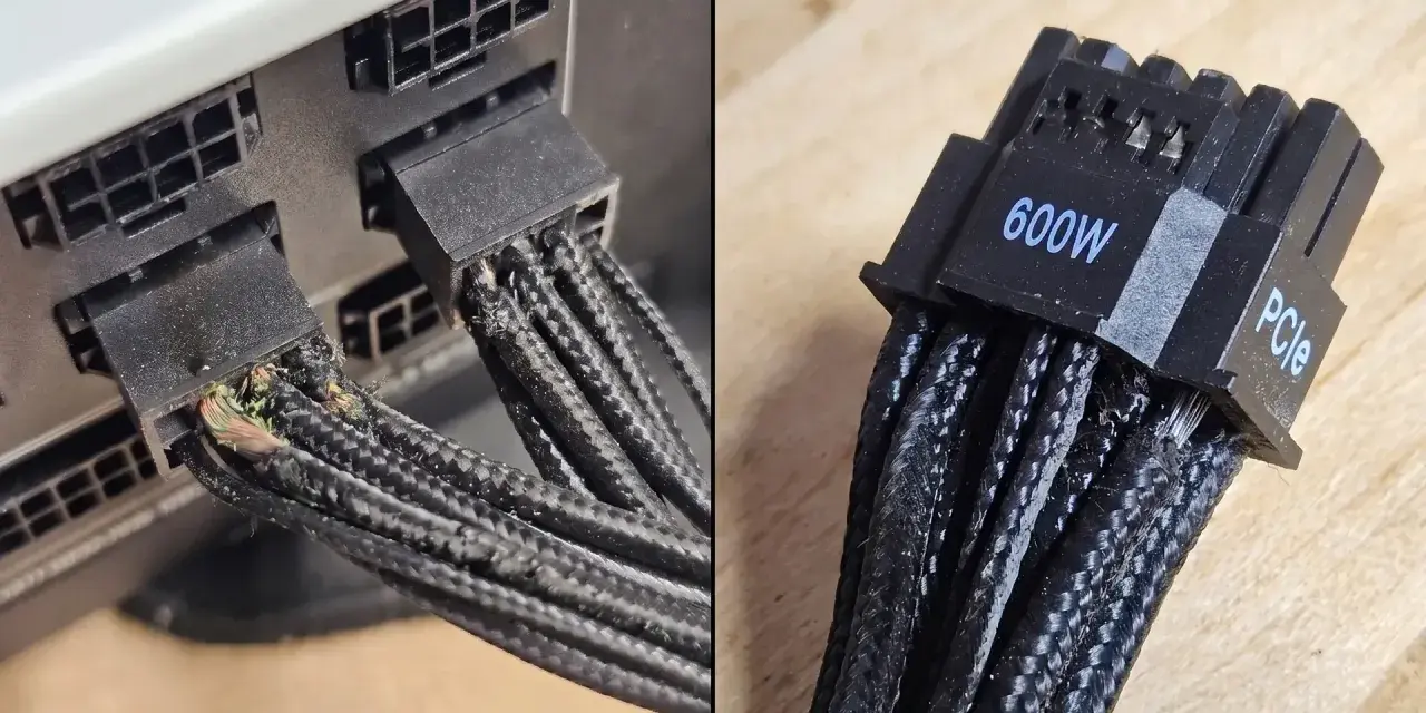 Uszkodzony kabel 12VHPWR 600W PCIe. Widoczne stopione złącze i przetarte przewody.