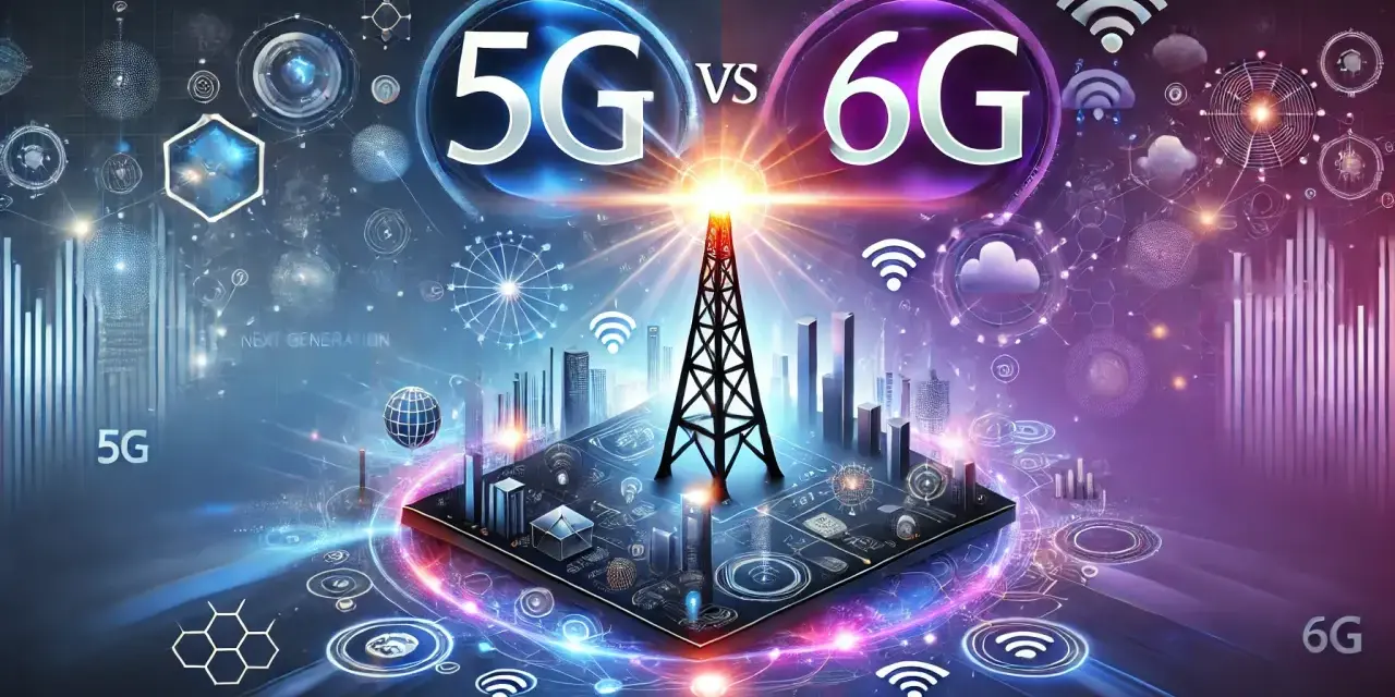 Porównanie 5G i 6G: futurystyczna wizja technologii sieciowych z wieżą transmisyjną w centrum.