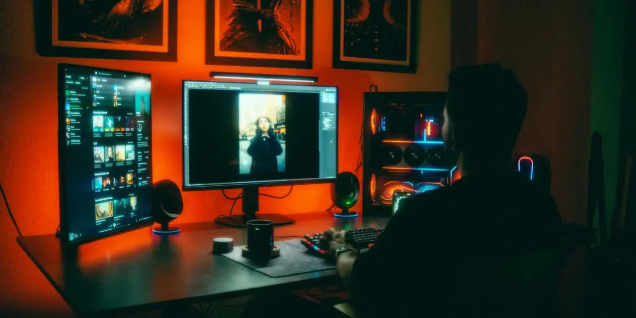 Gracz siedzi przy biurku z wieloma monitorami, tworząc klimatyczny **print screen** swojego stanowiska.