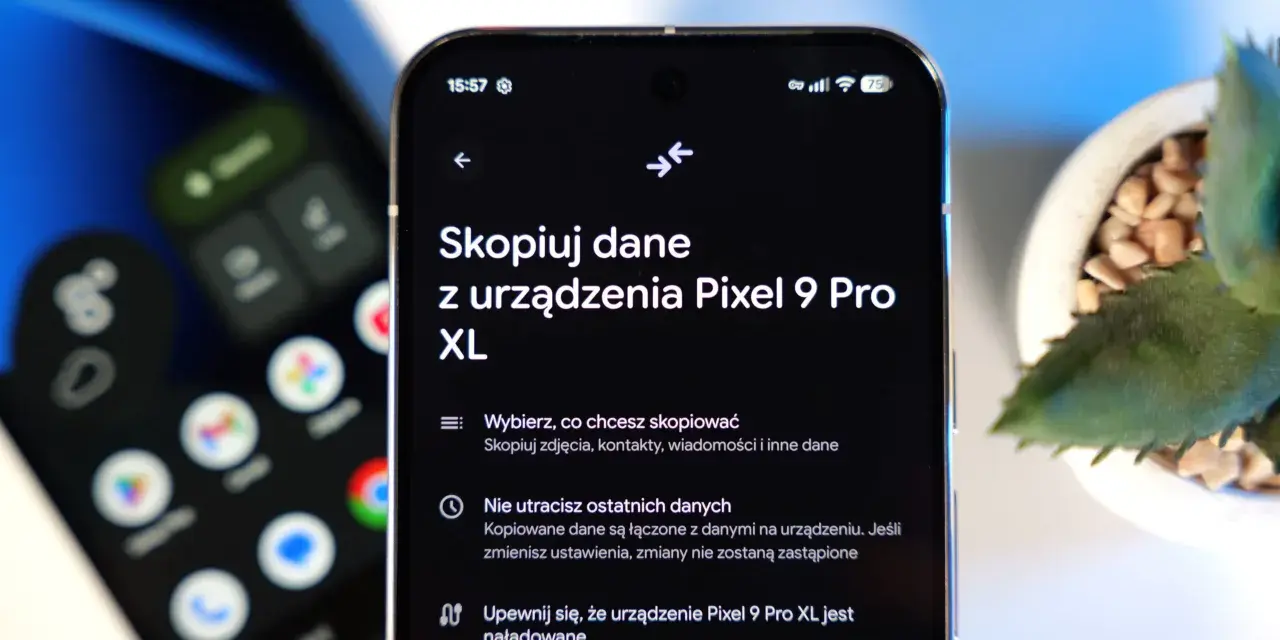 Jak przenieść dane z telefonu na telefon Android? Ekran telefonu Pixel 9 Pro XL pokazuje opcje kopiowania danych, zdjęć i kontaktów.