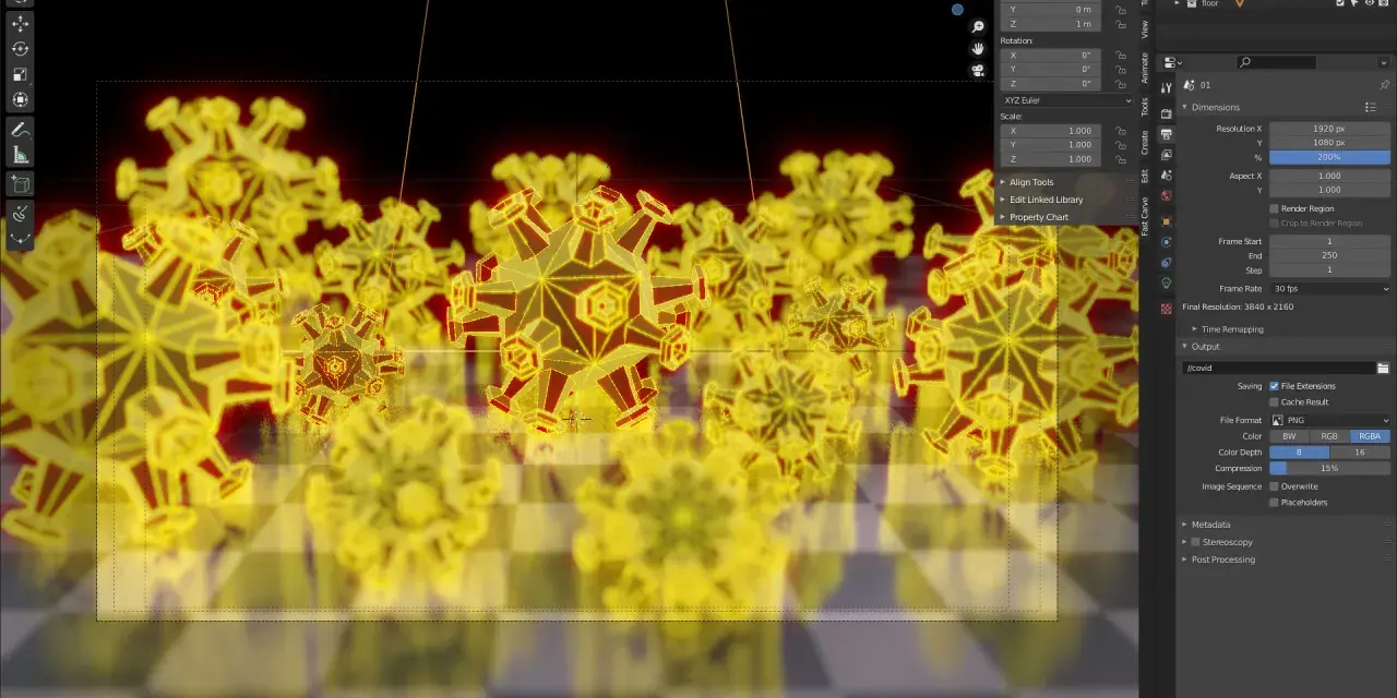 Wizualizacja wirusów w programie **blender program**. Żółte, krystaliczne obiekty wirusów unoszą się nad szachownicą.