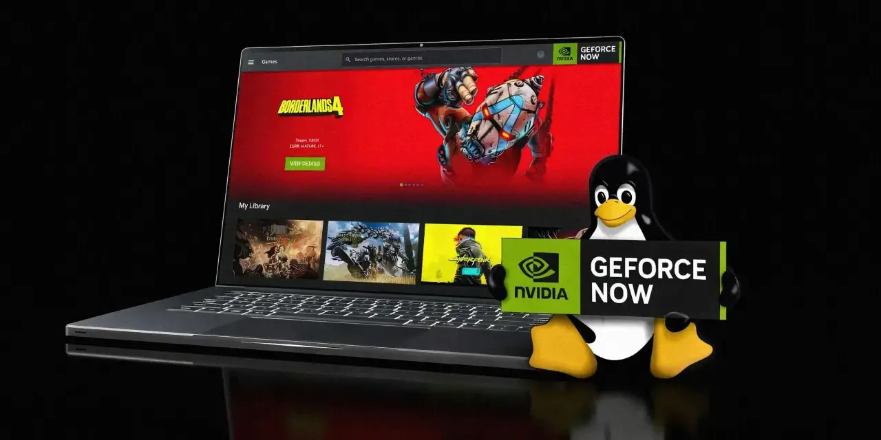 Tux z Linuksa trzyma tabliczkę GeForce NOW, obok laptopa z interfejsem NVIDIA GeForce NOW, prezentującym Borderlands 4.